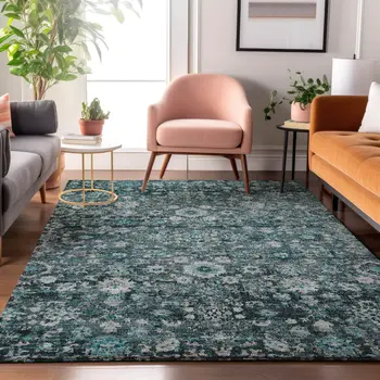 3' X 5' Teal And Aqua Oriental Washable Area Rug With UV Protection