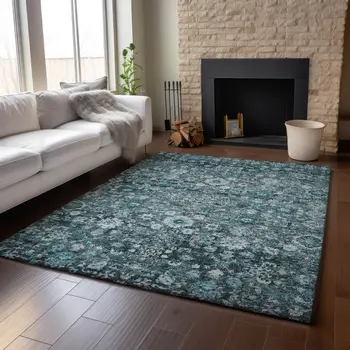 3' X 5' Teal And Aqua Oriental Washable Area Rug With UV Protection