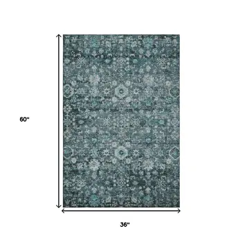 3' X 5' Teal And Aqua Oriental Washable Area Rug With UV Protection