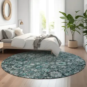 8' Teal And Aqua Oriental Washable Round Rug With UV Protection