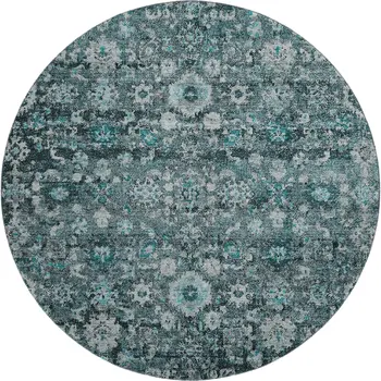 8' Teal And Aqua Oriental Washable Round Rug With UV Protection