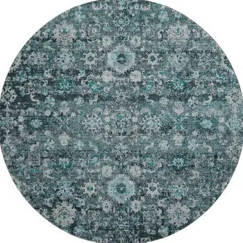 8' Teal And Aqua Oriental Washable Round Rug With UV Protection