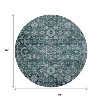 8' Teal And Aqua Oriental Washable Round Rug With UV Protection