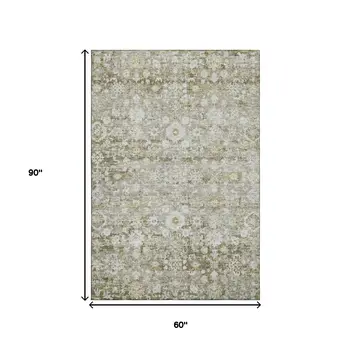 5' X 8' Taupe Ivory And Gold Oriental Washable Area Rug With UV Protection