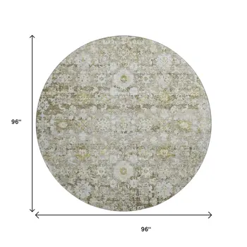 8' Taupe Ivory And Gold Oriental Washable Round Rug With UV Protection