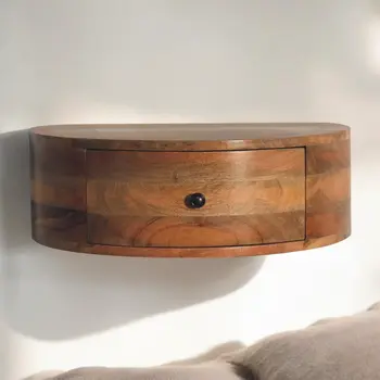 22" Brown Solid Wood Round One Drawer Floating Nightstand