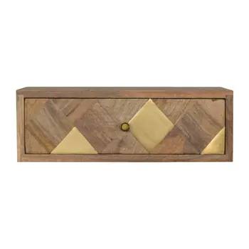 18" Brown Solid Wood Carved Geometric One Drawer Floating Nightstand