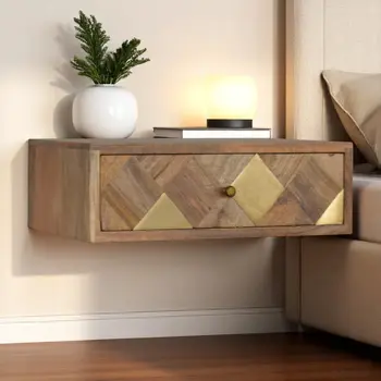 18" Brown Solid Wood Carved Geometric One Drawer Floating Nightstand