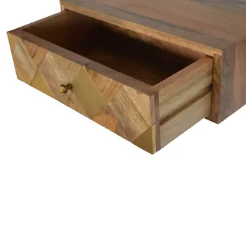 18" Brown Solid Wood Carved Geometric One Drawer Floating Nightstand