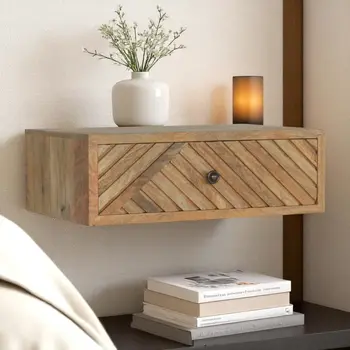 18" Natural Solid Wood Carved Geometric One Drawer Floating Nightstand
