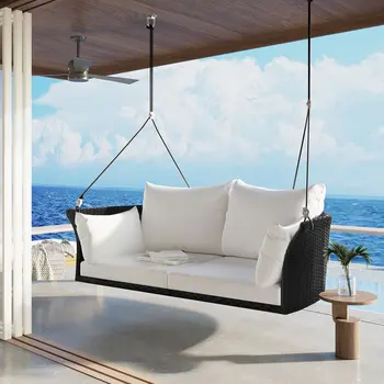 44" White Metal Outdoor Swing Chair with White Cushion