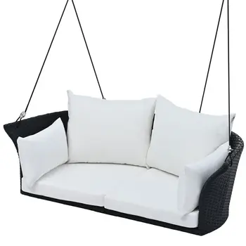44" White Metal Outdoor Swing Chair with White Cushion