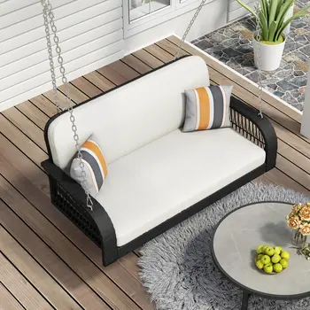 49" White Metal Outdoor Swing Chair with White Cushion