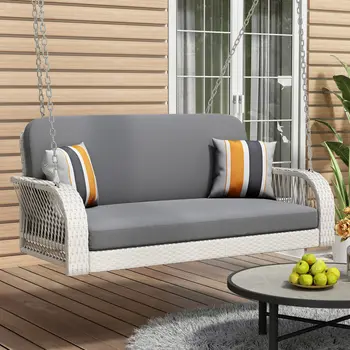 49" Gray Metal Outdoor Swing Chair with Gray Cushion