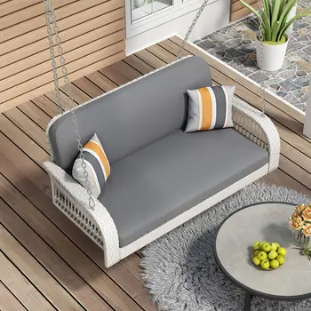 49" Gray Metal Outdoor Swing Chair with Gray Cushion