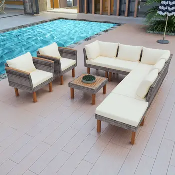 Nine Piece Gray and Beige Wicker Upholstered Cushions Sectional Seating Group With Table
