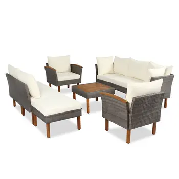 Nine Piece Gray and Beige Wicker Upholstered Cushions Sectional Seating Group With Table