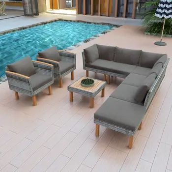 Nine Piece Gray Wicker Upholstered Cushions Sectional Seating Group With Table