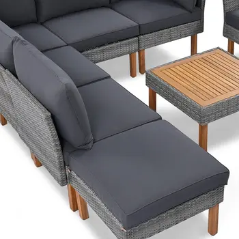 Nine Piece Gray Wicker Upholstered Cushions Sectional Seating Group With Table