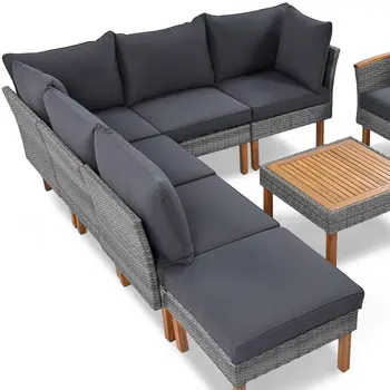 Nine Piece Gray Wicker Upholstered Cushions Sectional Seating Group With Table