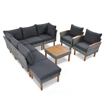 Nine Piece Gray Wicker Upholstered Cushions Sectional Seating Group With Table