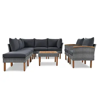Nine Piece Gray Wicker Upholstered Cushions Sectional Seating Group With Table