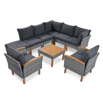 Nine Piece Gray Wicker Upholstered Cushions Sectional Seating Group With Table