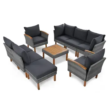 Nine Piece Gray Wicker Upholstered Cushions Sectional Seating Group With Table
