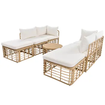 Seven Piece Natural and White Wicker Upholstered Cushions Sectional Seating Group With Table