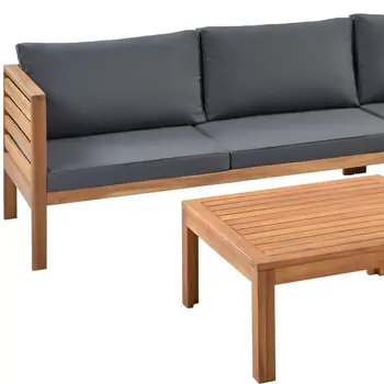 Four Piece Oak and Brown Solid Manufactured Wood Upholstered Cushions Sectional Seating Group With Table
