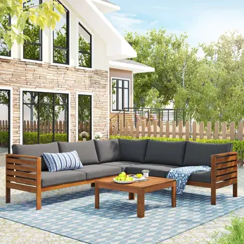 Four Piece Oak and Brown Solid Manufactured Wood Upholstered Cushions Sectional Seating Group With Table