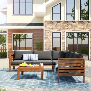 Four Piece Oak and Brown Solid Manufactured Wood Upholstered Cushions Sectional Seating Group With Table