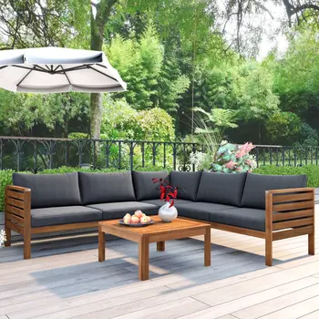 Four Piece Oak and Brown Solid Manufactured Wood Upholstered Cushions Sectional Seating Group With Table