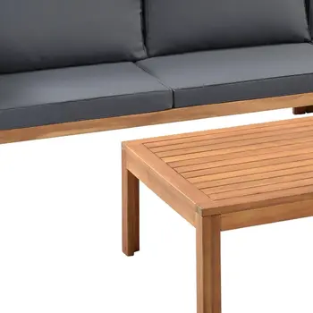 Four Piece Oak and Brown Solid Manufactured Wood Upholstered Cushions Sectional Seating Group With Table