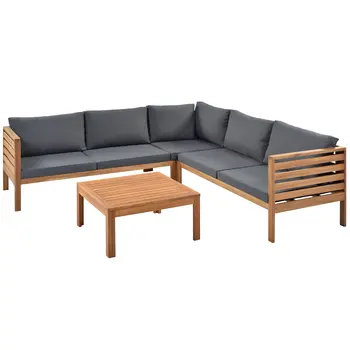 Four Piece Oak and Brown Solid Manufactured Wood Upholstered Cushions Sectional Seating Group With Table