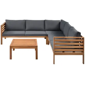 Four Piece Oak and Brown Solid Manufactured Wood Upholstered Cushions Sectional Seating Group With Table