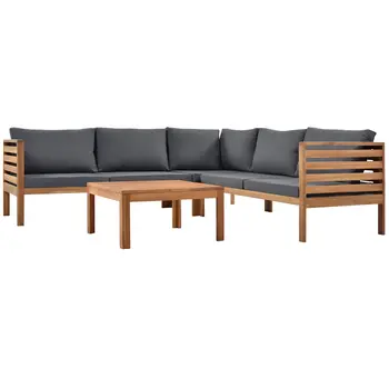 Four Piece Oak and Brown Solid Manufactured Wood Upholstered Cushions Sectional Seating Group With Table