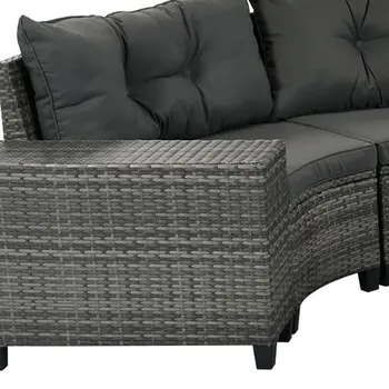 Eight Piece Gray and Black Wicker Upholstered Cushions Sectional Seating Group With Table