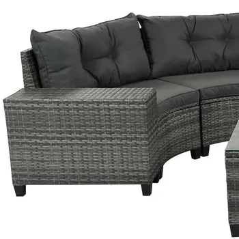 Eight Piece Gray and Black Wicker Upholstered Cushions Sectional Seating Group With Table