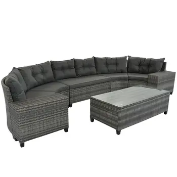 Eight Piece Gray and Black Wicker Upholstered Cushions Sectional Seating Group With Table