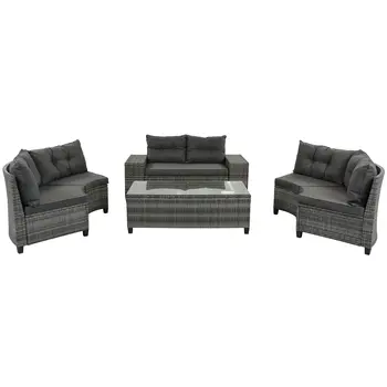 Eight Piece Gray and Black Wicker Upholstered Cushions Sectional Seating Group With Table