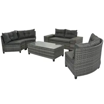 Eight Piece Gray and Black Wicker Upholstered Cushions Sectional Seating Group With Table