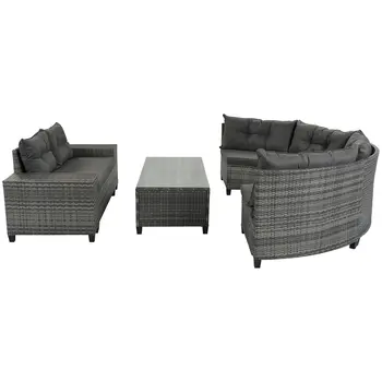 Eight Piece Gray and Black Wicker Upholstered Cushions Sectional Seating Group With Table