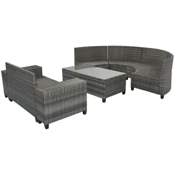 Eight Piece Gray and Black Wicker Upholstered Cushions Sectional Seating Group With Table