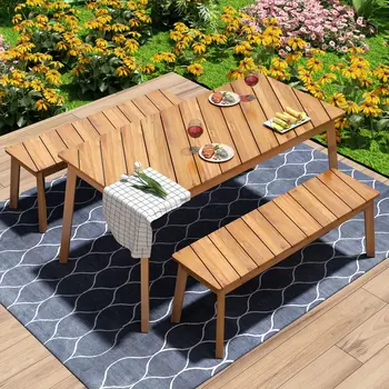 Three Piece Natural Solid Manufactured Wood Outdoor Patio Set With Table