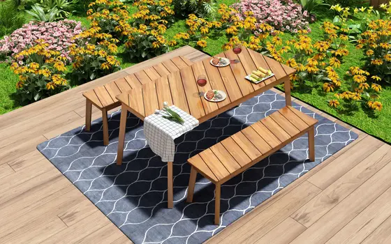 Three Piece Natural Solid Manufactured Wood Outdoor Patio Set With Table