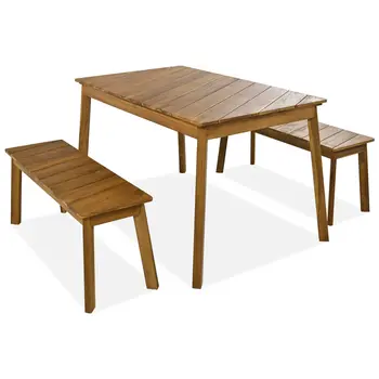 Three Piece Natural Solid Manufactured Wood Outdoor Patio Set With Table
