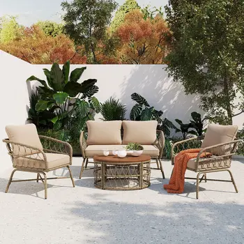 Four Piece Natural and White Wicker Upholstered Cushions Sofa Seating Group With Table