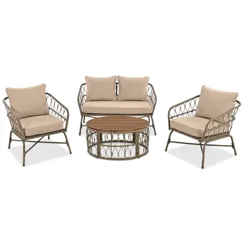 Four Piece Natural and White Wicker Upholstered Cushions Sofa Seating Group With Table