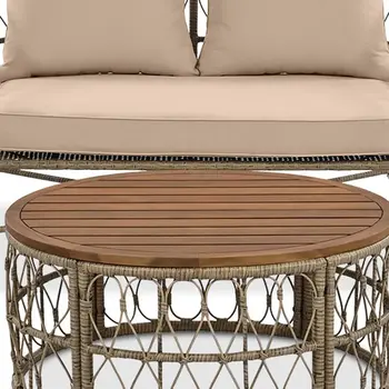 Four Piece Natural and White Wicker Upholstered Cushions Sofa Seating Group With Table